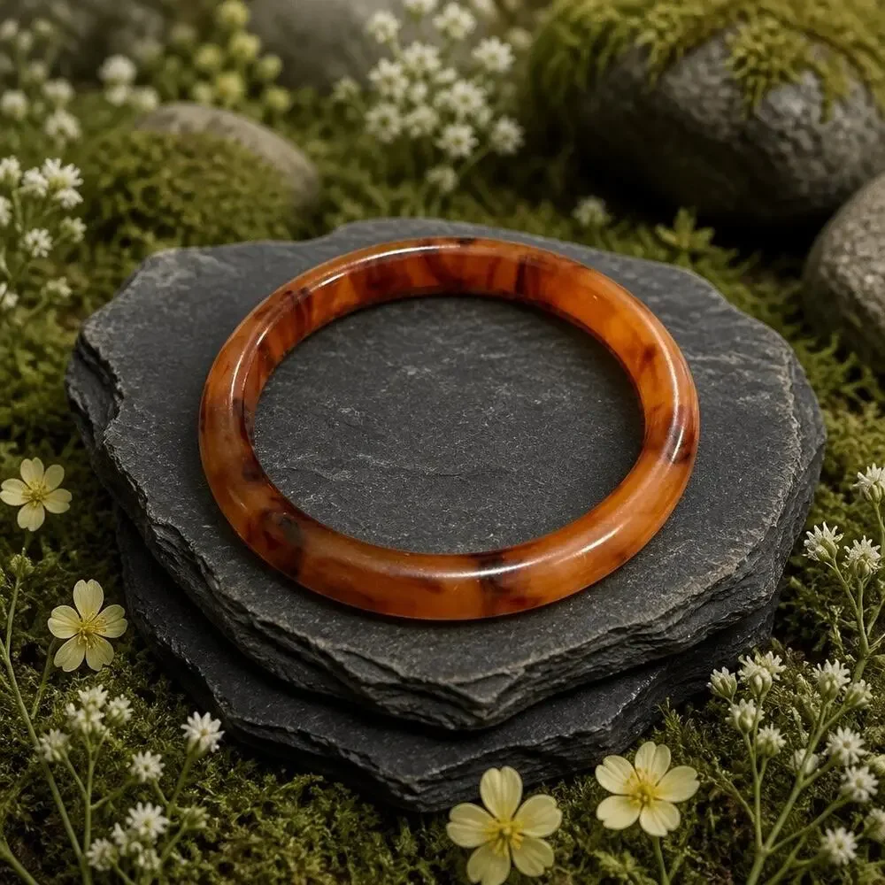 Vintage Bakelite Bangle Bracelet - Marbled Root Beer Amber 8”